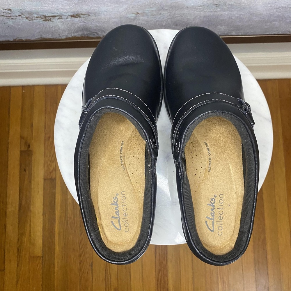 Clarks Collection Clog Shoes Womens Size 7 Wide Black Leather Slip On Comfort - Picture 7 of 9